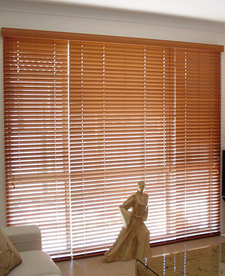 Timber-tone venetian blinds in a living room